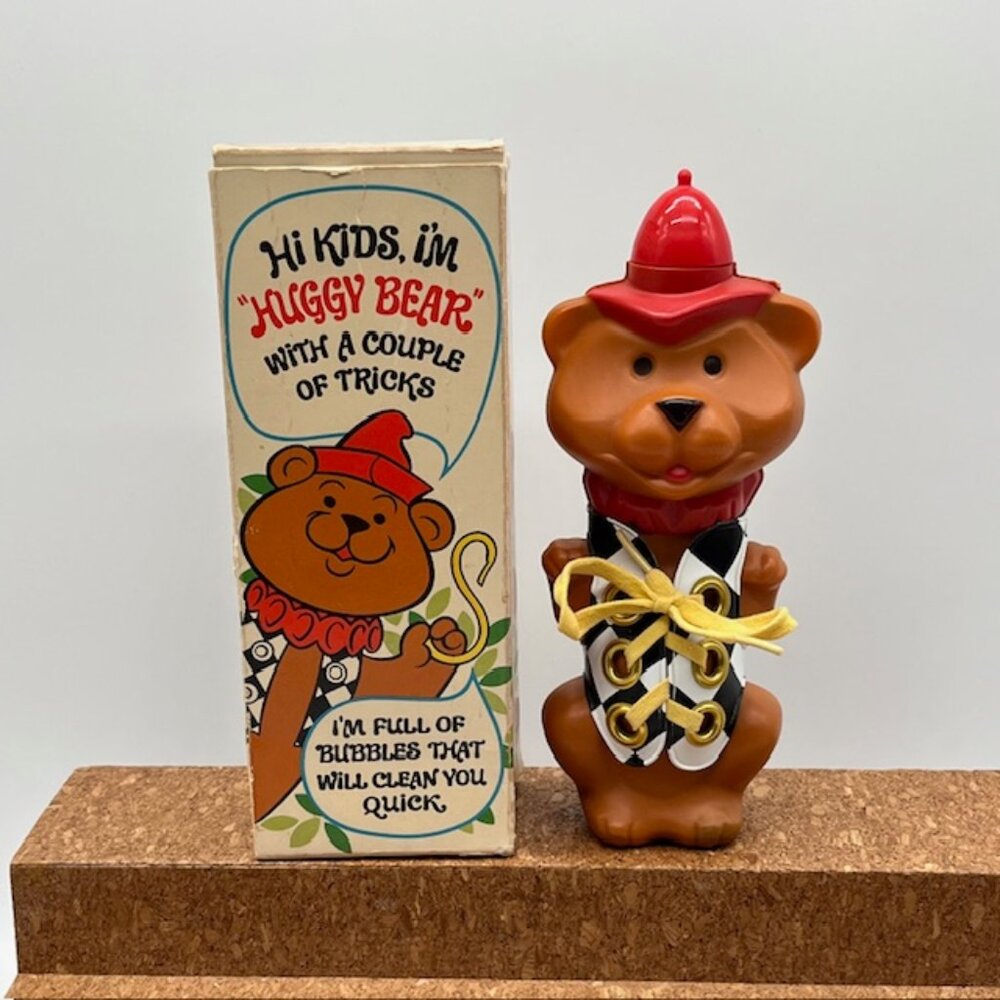 Avon Huggy Bear Bubble Bath Bottle Learn to Tie Shoes Lace Vest EMPTY VTG 70-80s